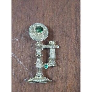 Vintage Gerrys Candlestick Telephone Brooch Gold Tone & Green Rhinestone Signed